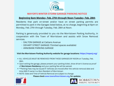 Garage Parking for Morristown Residents During Winter Storm 2/27