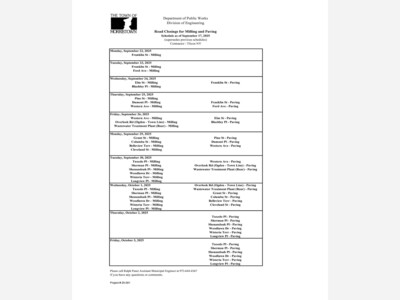 Road Closings and Schedule for Milling & Paving (September 22 – October 3, 2025)