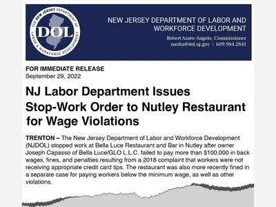 Stop Work Order Issued at Bella Luce Restaurant and Bar in Nutley, NJ