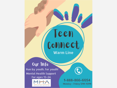 Teen Connect Warm Line, Mental Health Support for Ages 13-24