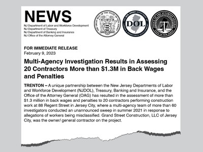 New Jersey Authorities Uncover Over $1.3 Million in Back Wages and Penalties in Construction Site Sweep